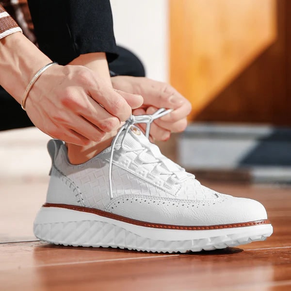 Men's Dress Leather Sneakers with Wingtip Brogue and Woven Panels - Image 12
