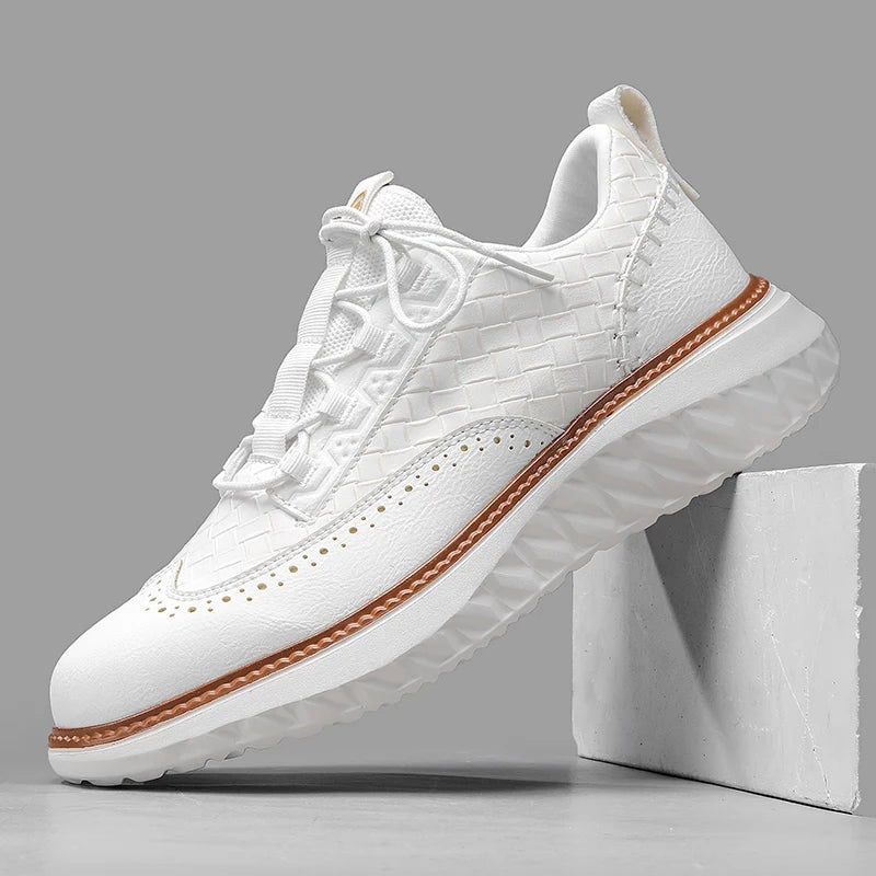Men's Dress Leather Sneakers with Wingtip Brogue and Woven Panels - Image 2
