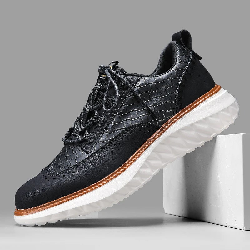 Men's Dress Leather Sneakers with Wingtip Brogue and Woven Panels - Image 3