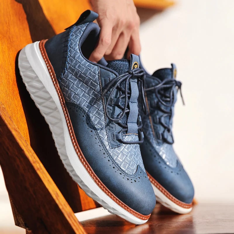 Men's Dress Leather Sneakers with Wingtip Brogue and Woven Panels - Image 4