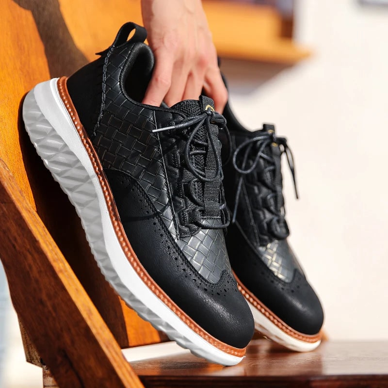 Men's Dress Leather Sneakers with Wingtip Brogue and Woven Panels - Image 5