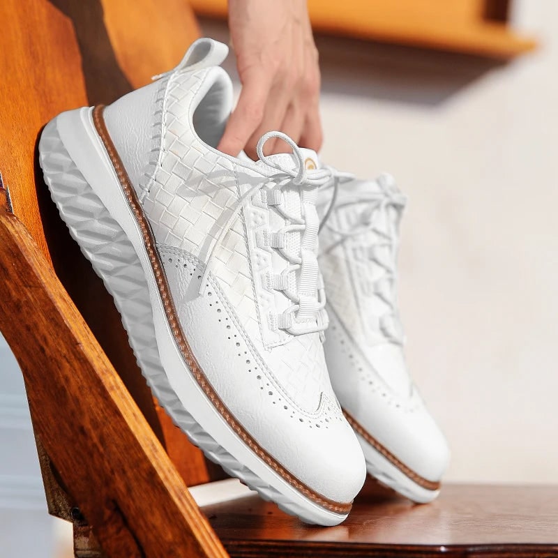 Men's Dress Leather Sneakers with Wingtip Brogue and Woven Panels - Image 6