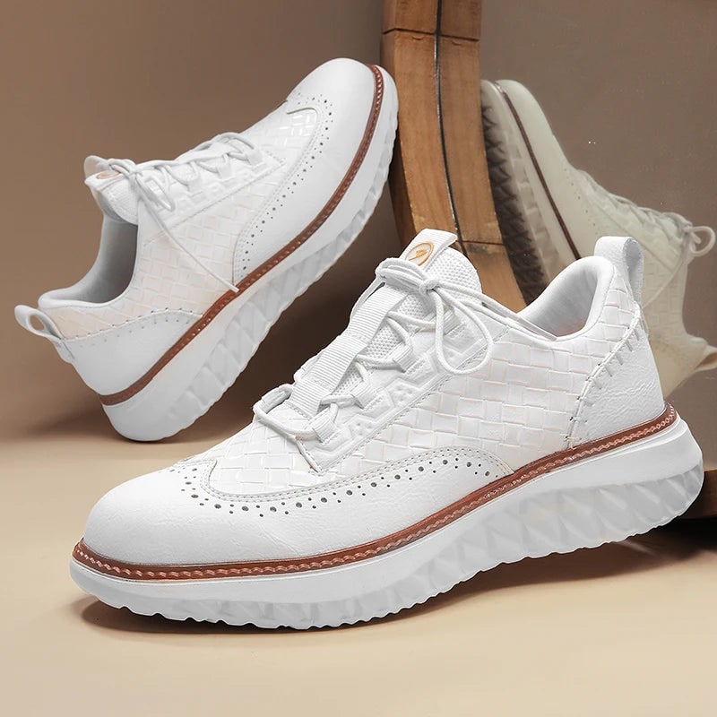 Men's Dress Leather Sneakers with Wingtip Brogue and Woven Panels - Image 7