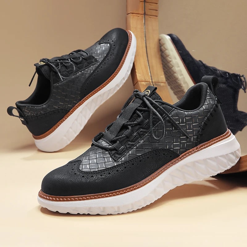 Men's Dress Leather Sneakers with Wingtip Brogue and Woven Panels - Image 8