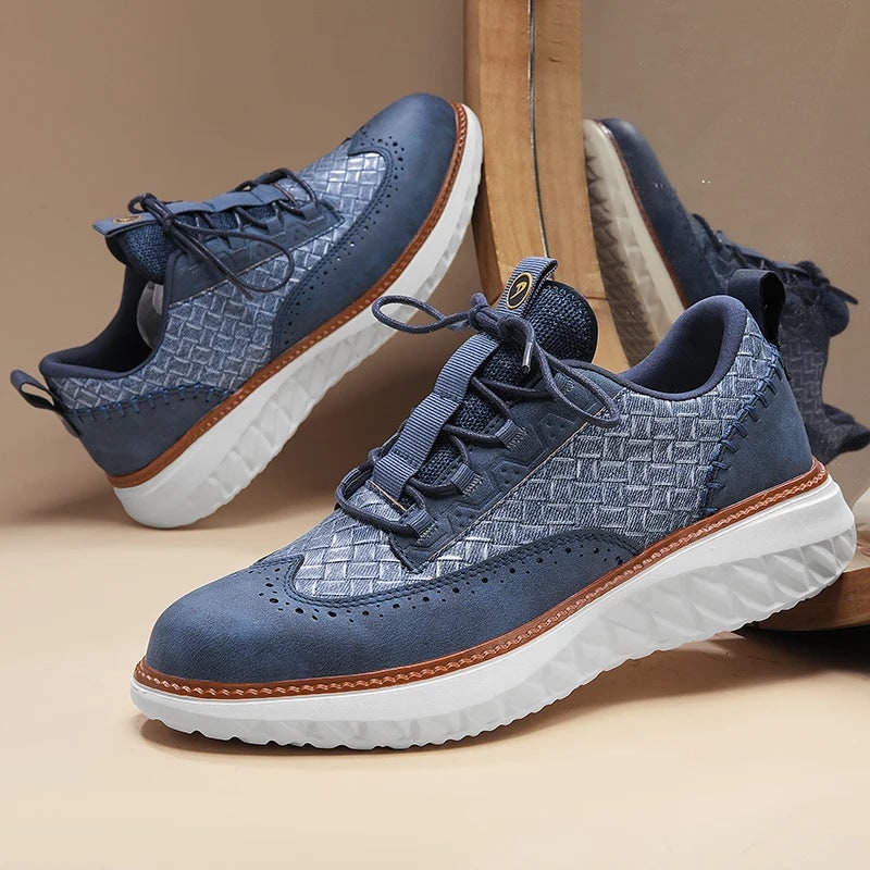 Men's Dress Leather Sneakers with Wingtip Brogue and Woven Panels - Image 9