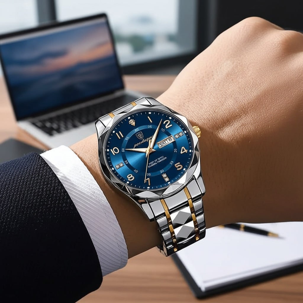 Men's Dress Watch Silver Metal Link Analog Two Tone Stainless Steel Watches Luxury - Image 1