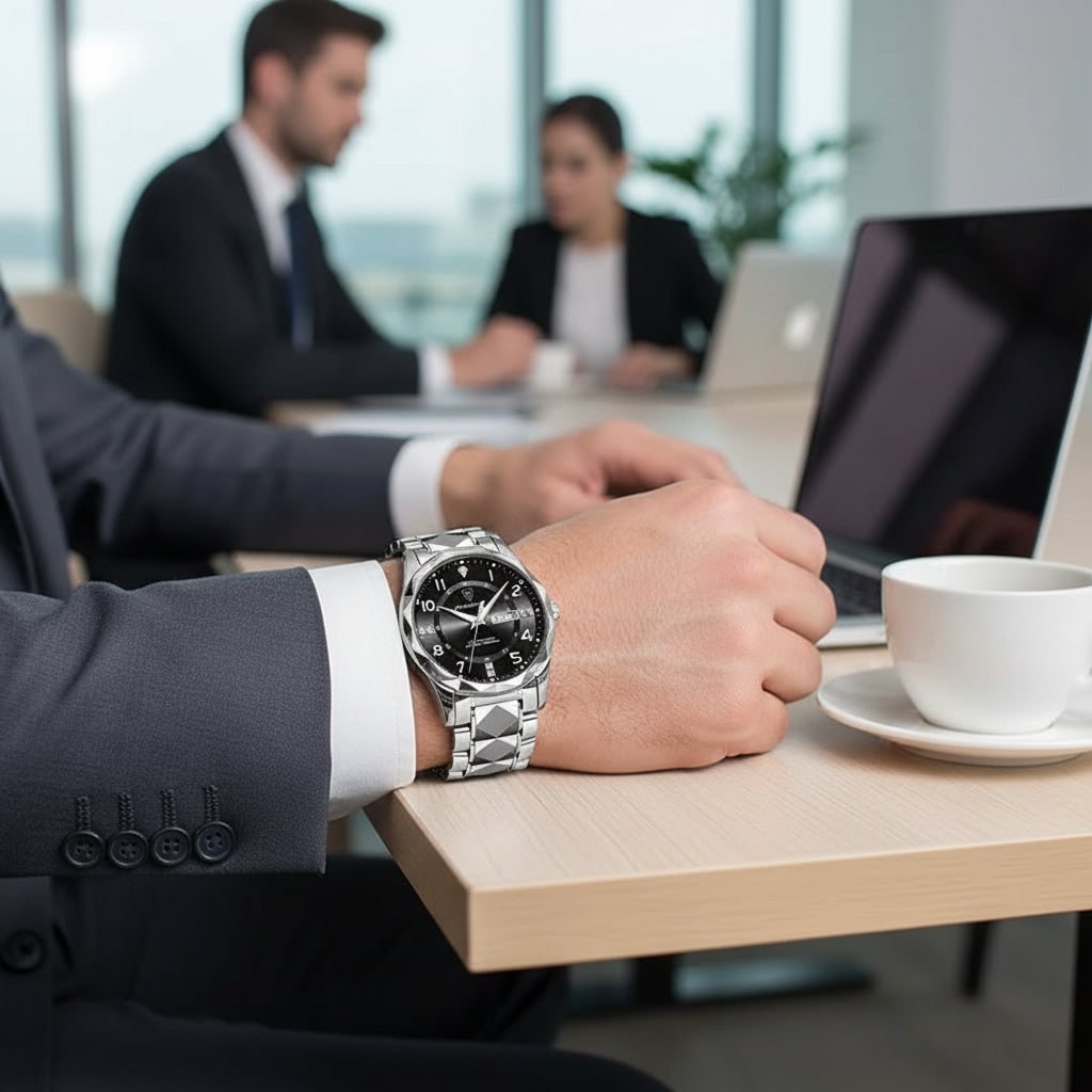 Men's Dress Watch Silver Metal Link Analog Two Tone Stainless Steel Watches Luxury - Image 11