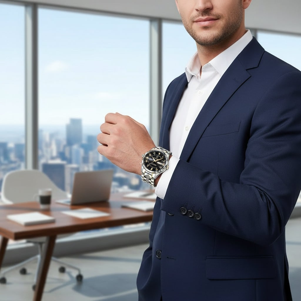 Men's Dress Watch Silver Metal Link Analog Two Tone Stainless Steel Watches Luxury - Image 4