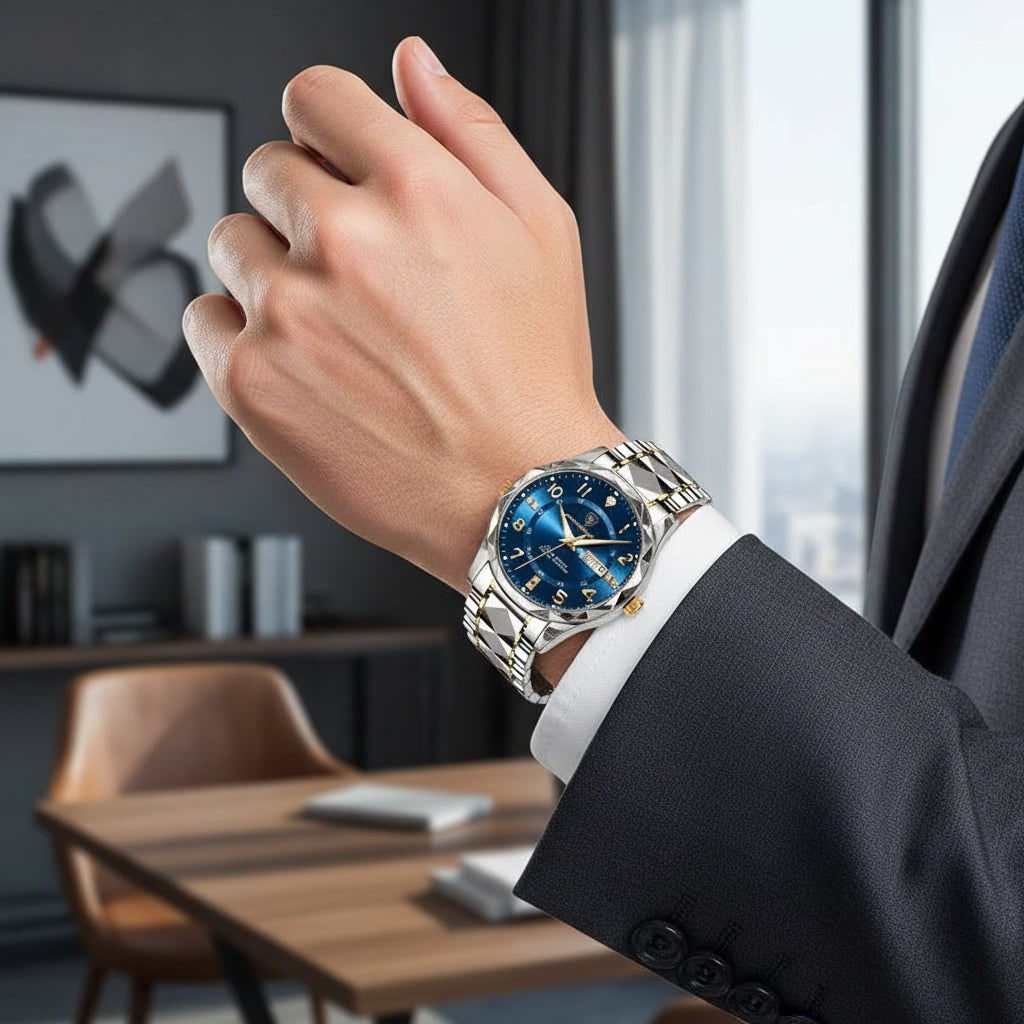 Men's Dress Watch Silver Metal Link Analog Two Tone Stainless Steel Watches Luxury - Image 5