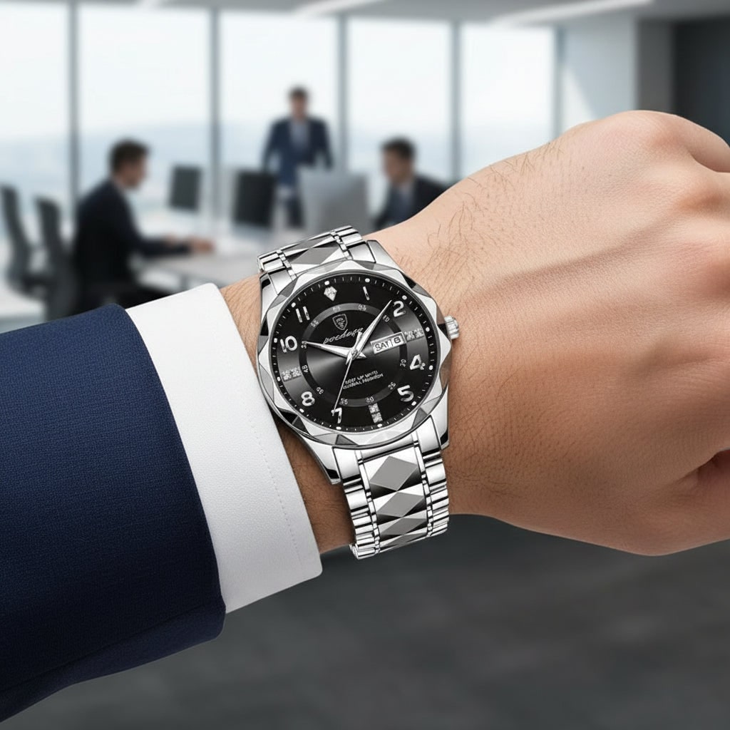 Men's Dress Watch Silver Metal Link Analog Two Tone Stainless Steel Watches Luxury - Image 6