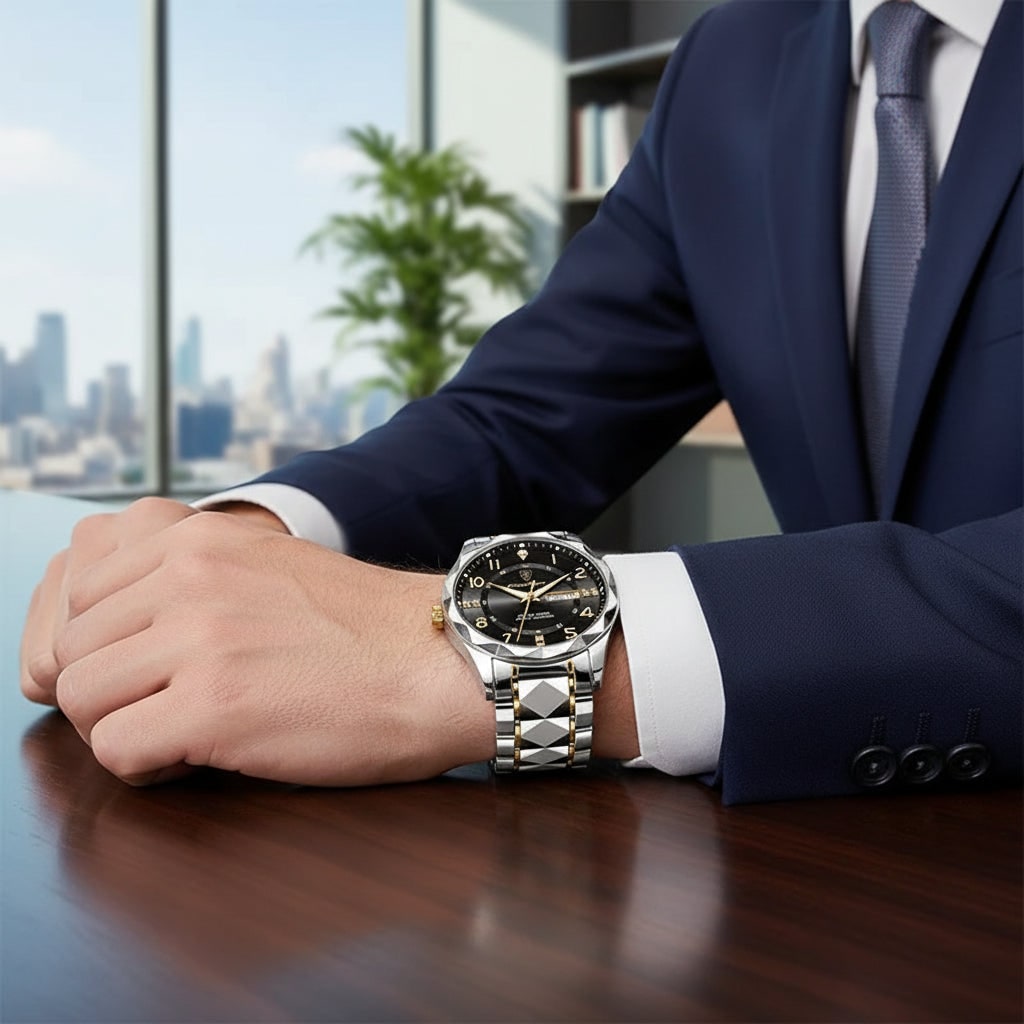 Men's Dress Watch Silver Metal Link Analog Two Tone Stainless Steel Watches Luxury - Image 7