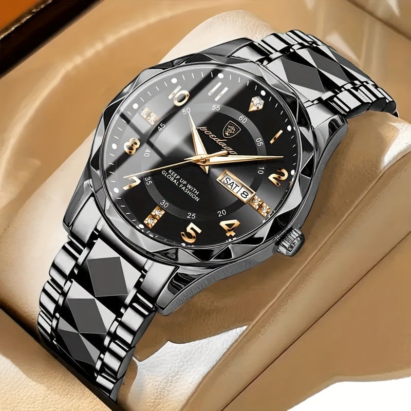Men's Dress Watch with Analog Display, Faceted Bezel and Day-Date Window - Image 1