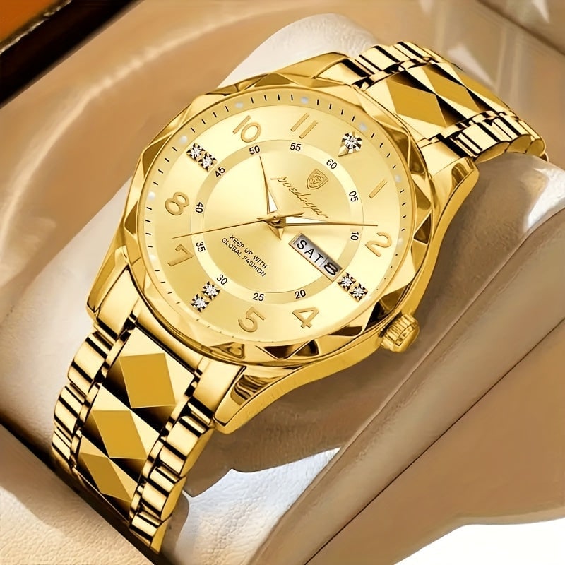 Men's Dress Watch with Analog Display, Faceted Bezel and Day-Date Window - Image 12