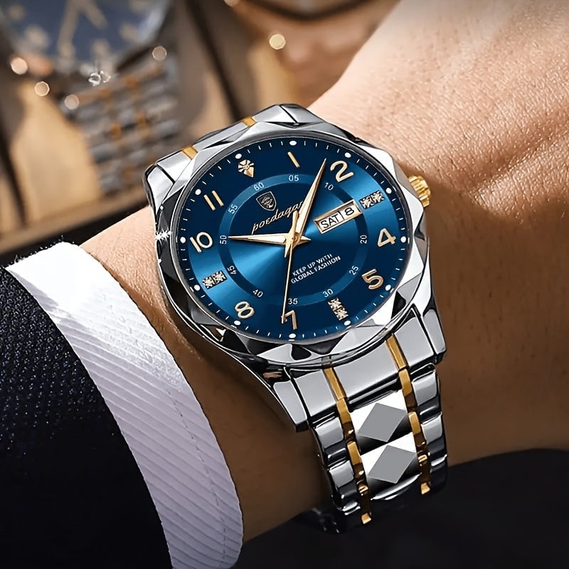 Men's Dress Watch with Analog Display, Faceted Bezel and Day-Date Window - Image 3