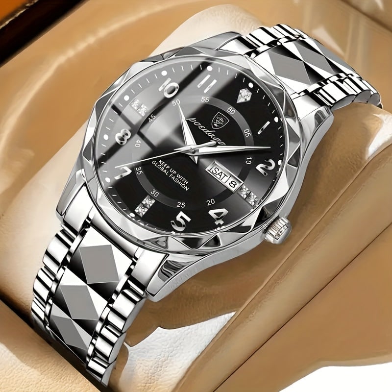 Men's Dress Watch with Analog Display, Faceted Bezel and Day-Date Window - Image 5