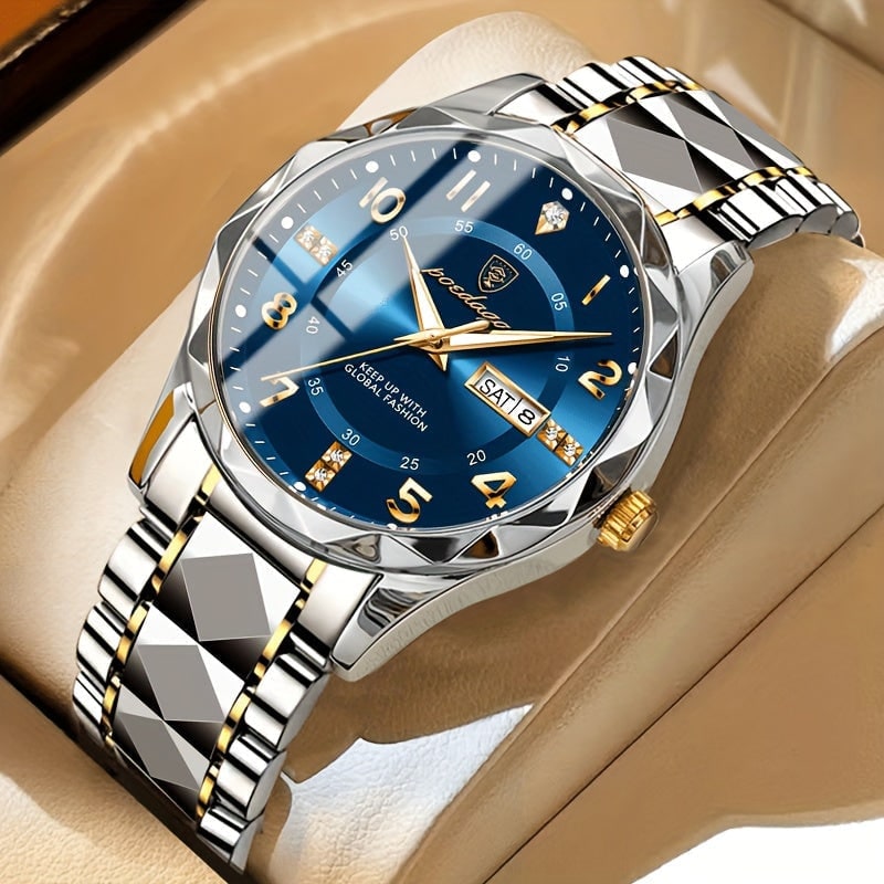 Men's Dress Watch with Analog Display, Faceted Bezel and Day-Date Window - Image 6
