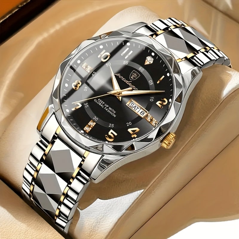 Men's Dress Watch with Analog Display, Faceted Bezel and Day-Date Window - Image 7