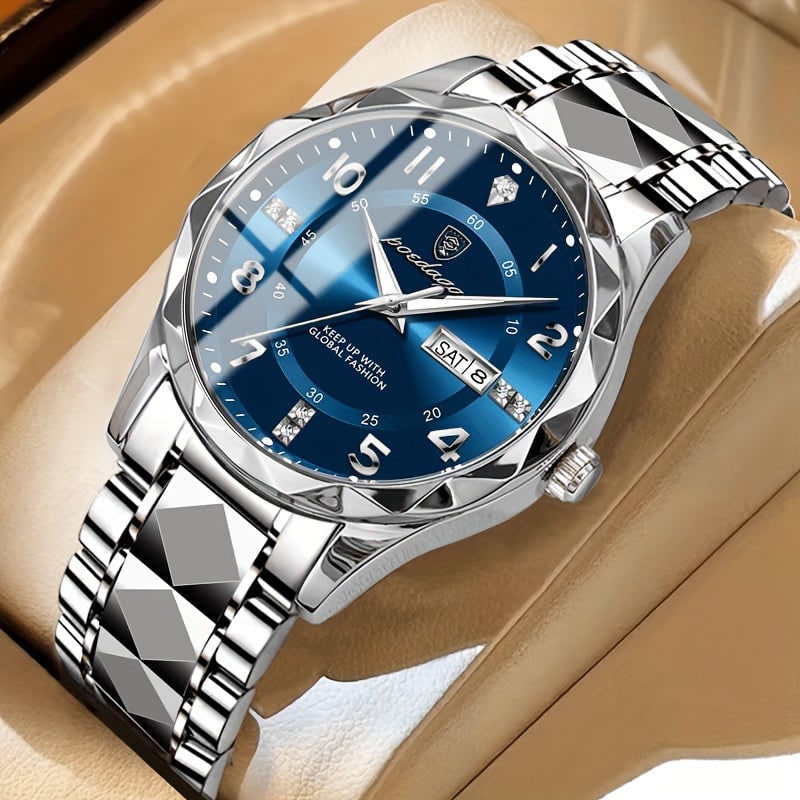 Men's Dress Watch with Analog Display, Faceted Bezel and Day-Date Window - Image 8