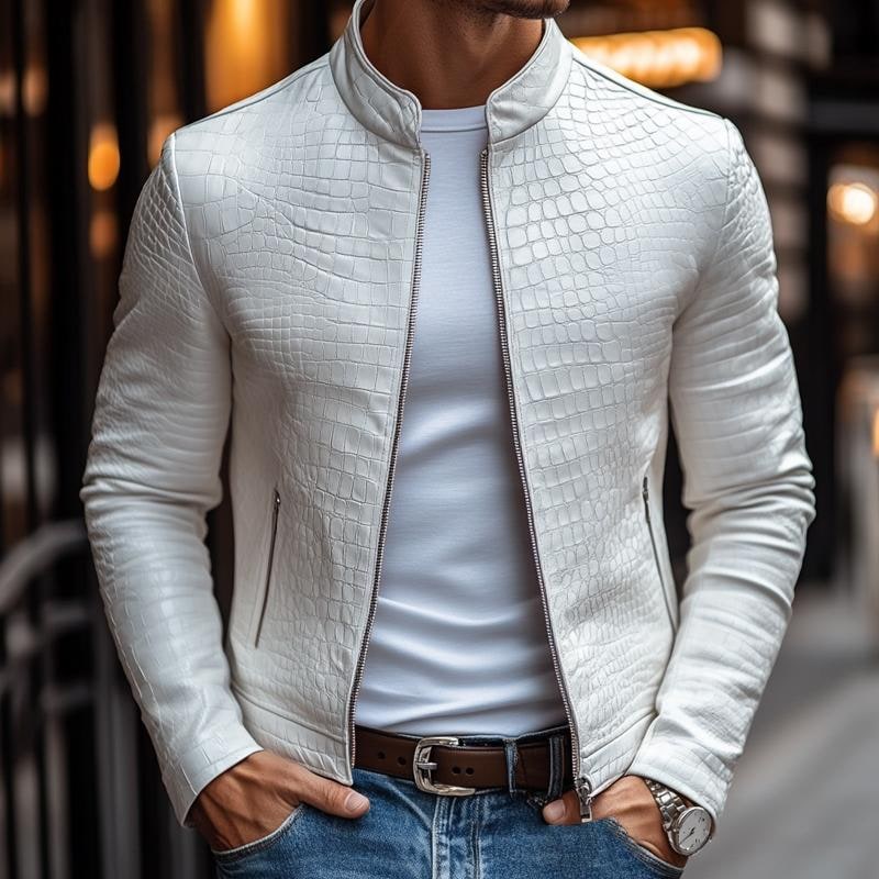 Men's Faux Leather Zip Up Jacket with Crocodile Embossed Texture and Stand Collar - Image 2