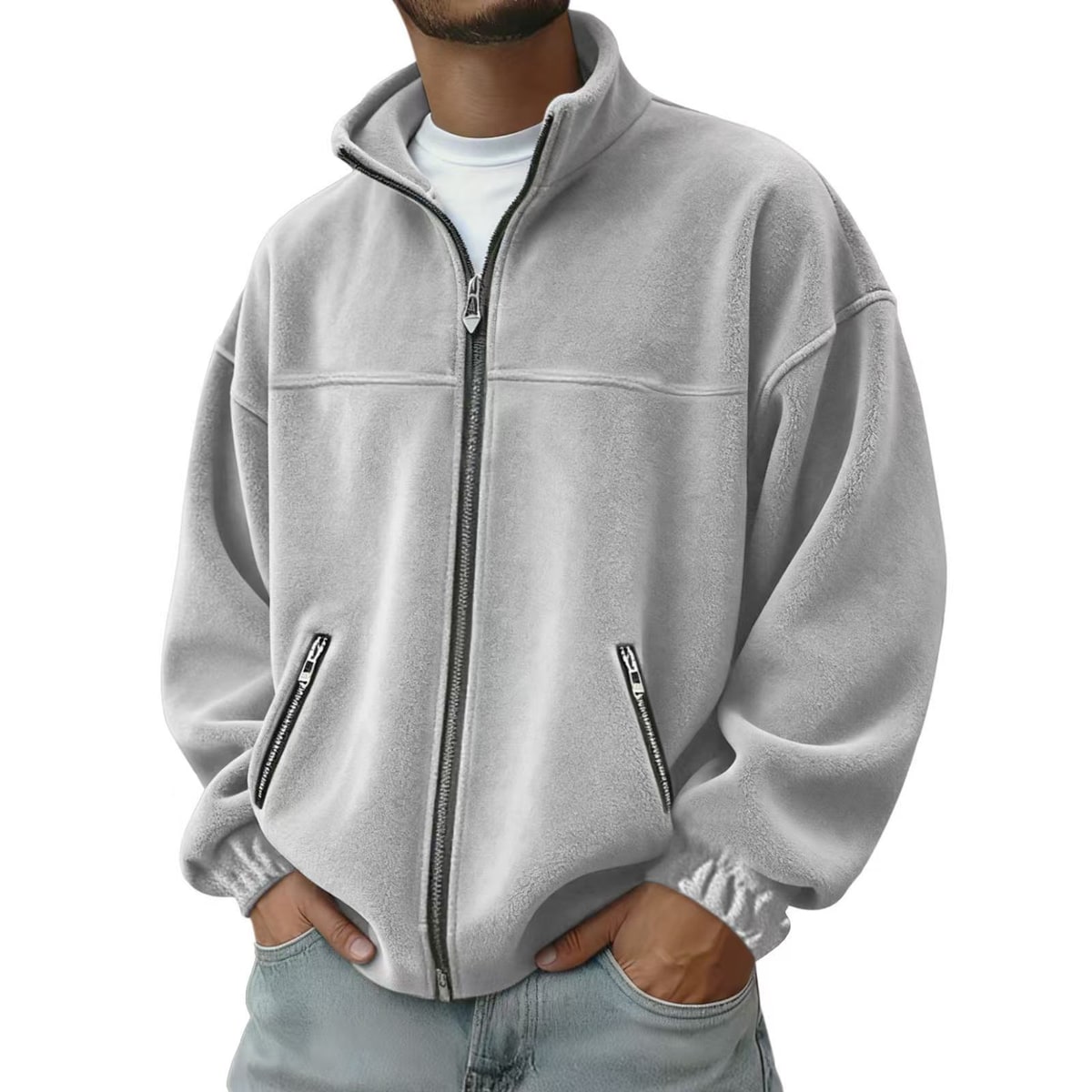 Men's Full Zip Fleece Jacket with Stand-Up Collar and Hand Pockets - Image 1
