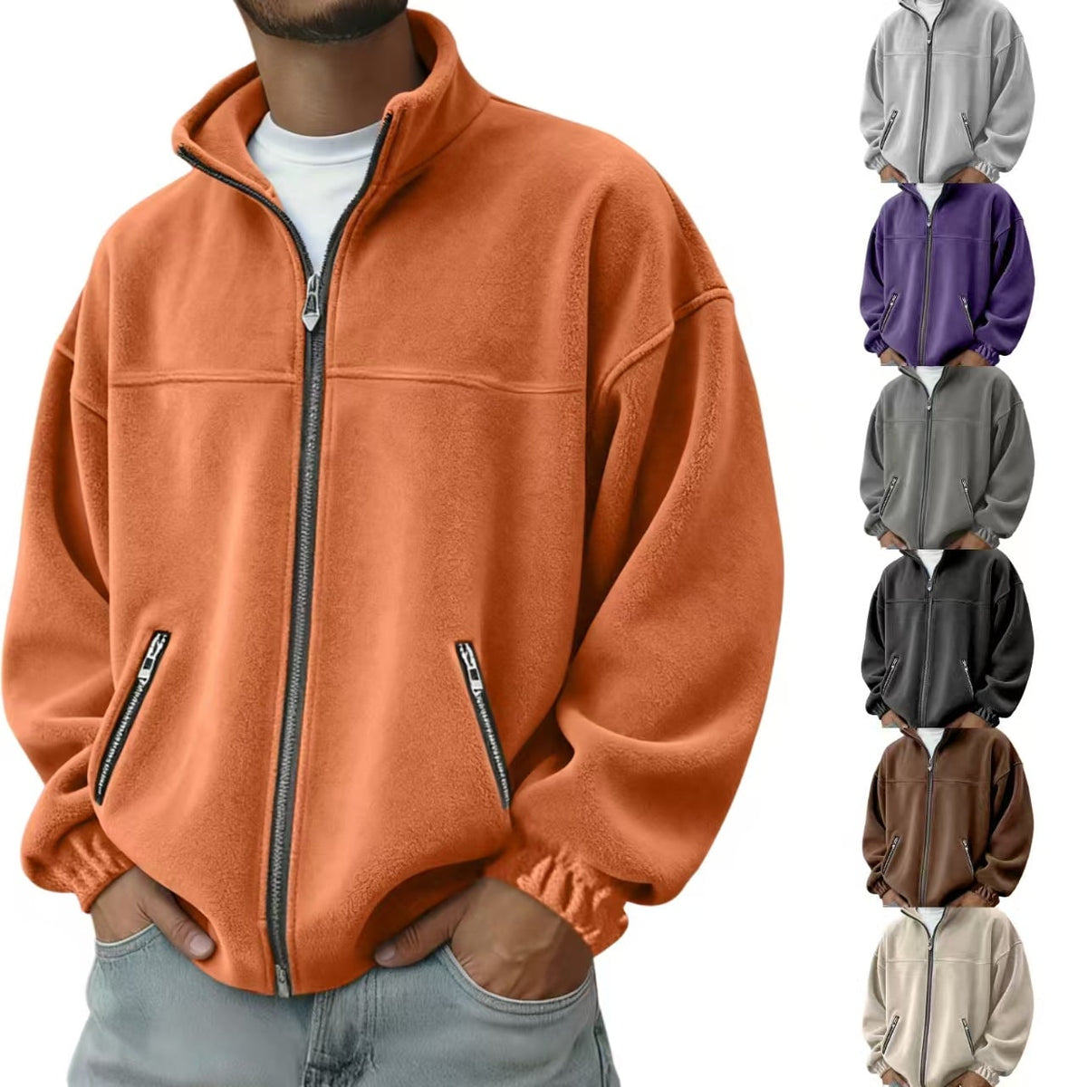 Men's Full Zip Fleece Jacket with Stand-Up Collar and Hand Pockets - Image 12