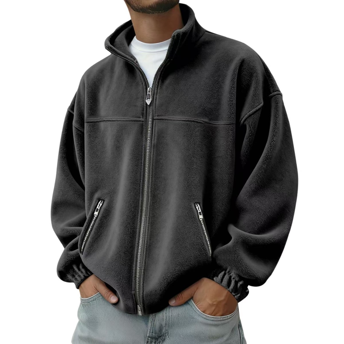 Men's Full Zip Fleece Jacket with Stand-Up Collar and Hand Pockets - Image 3