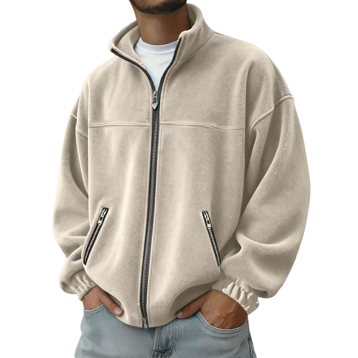 Men's Full Zip Fleece Jacket with Stand-Up Collar and Hand Pockets - Image 4