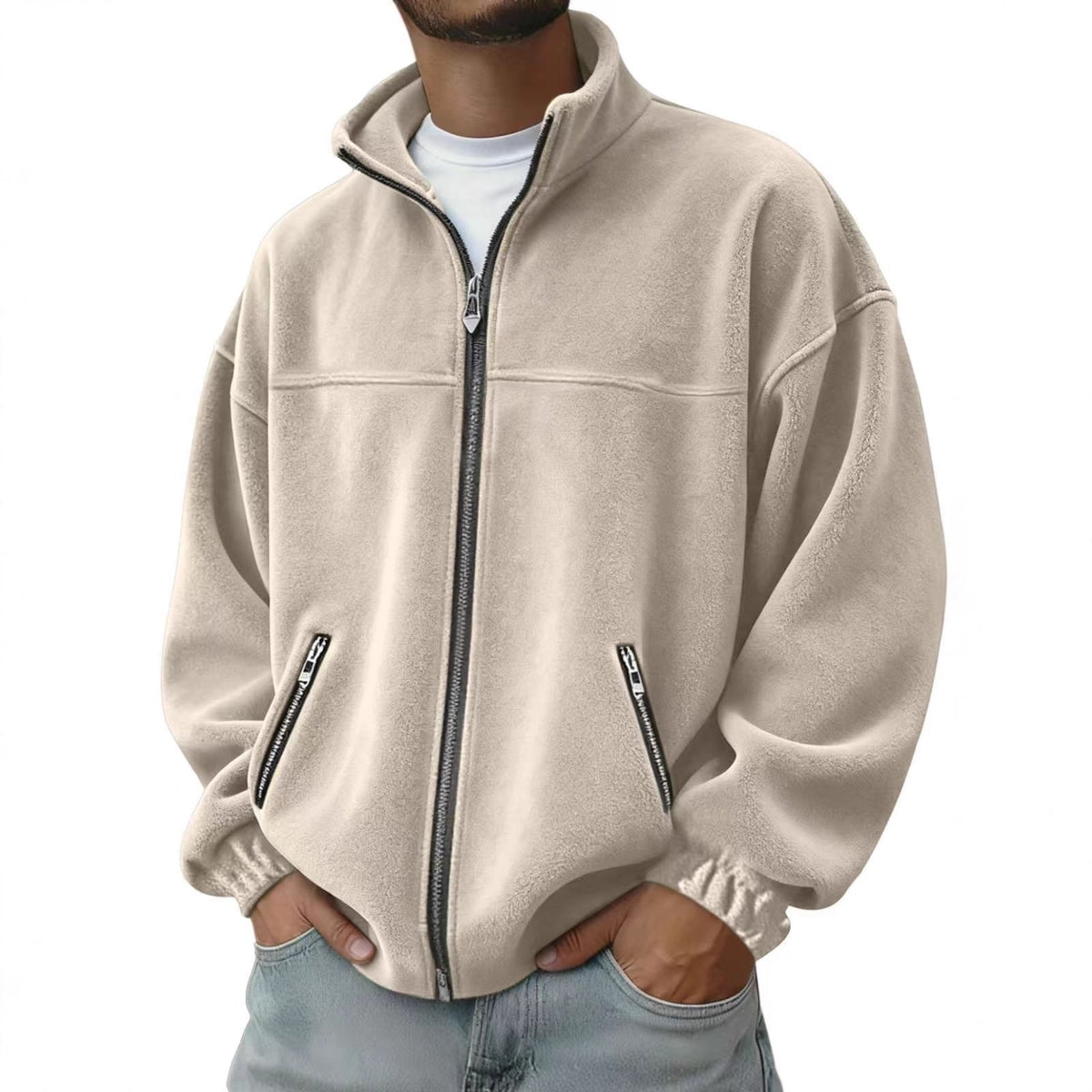 Men's Full Zip Fleece Jacket with Stand-Up Collar and Hand Pockets - Image 6