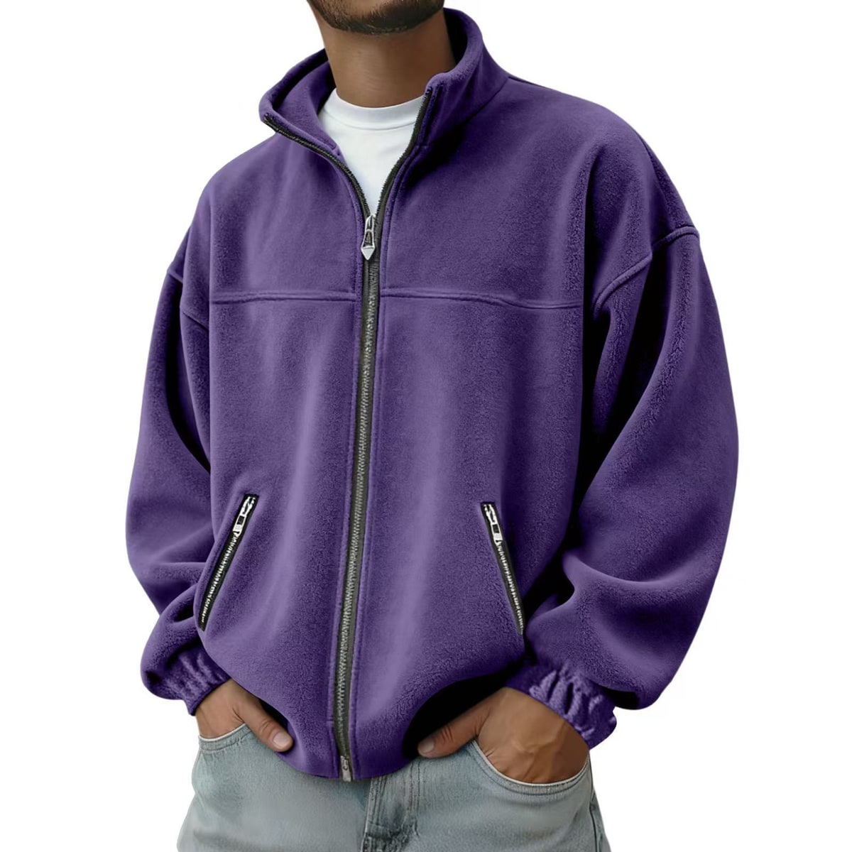 Men's Full Zip Fleece Jacket with Stand-Up Collar and Hand Pockets - Image 7