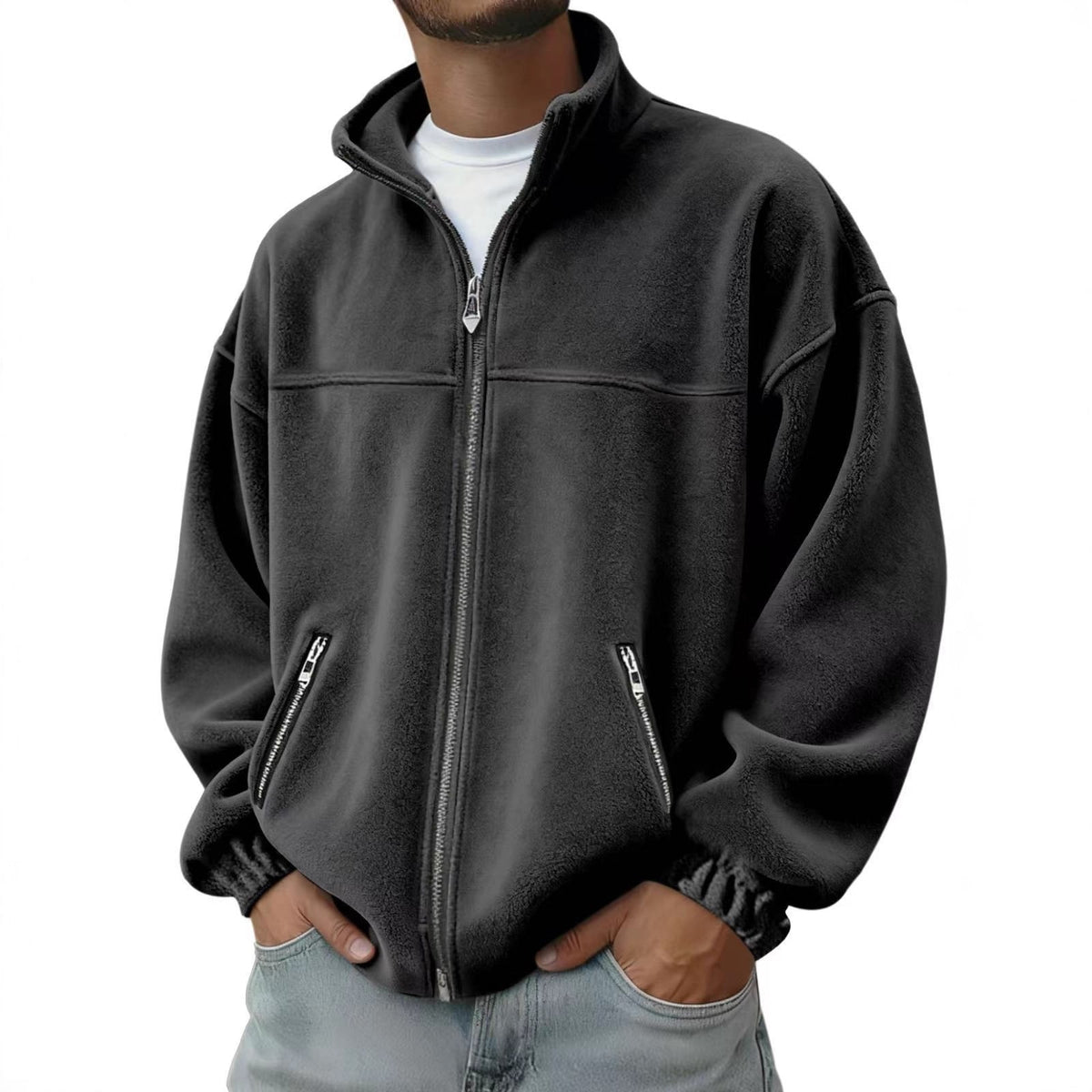 Men's Full Zip Fleece Jacket with Stand-Up Collar and Hand Pockets - Image 9