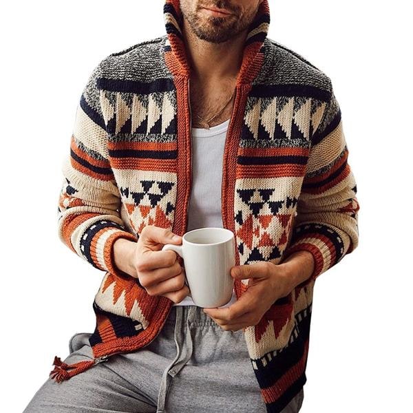 Men's Geometric Zip Cardigan Sweater with Mock Neck and Knit Fabric - Image 1