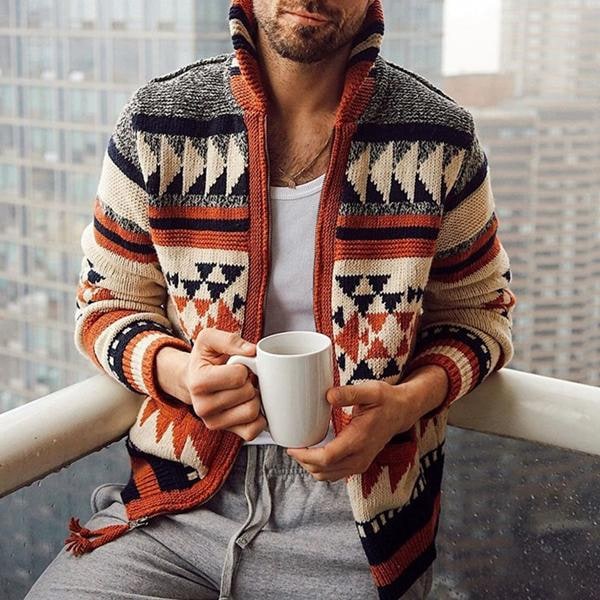 Men's Geometric Zip Cardigan Sweater with Mock Neck and Knit Fabric - Image 2