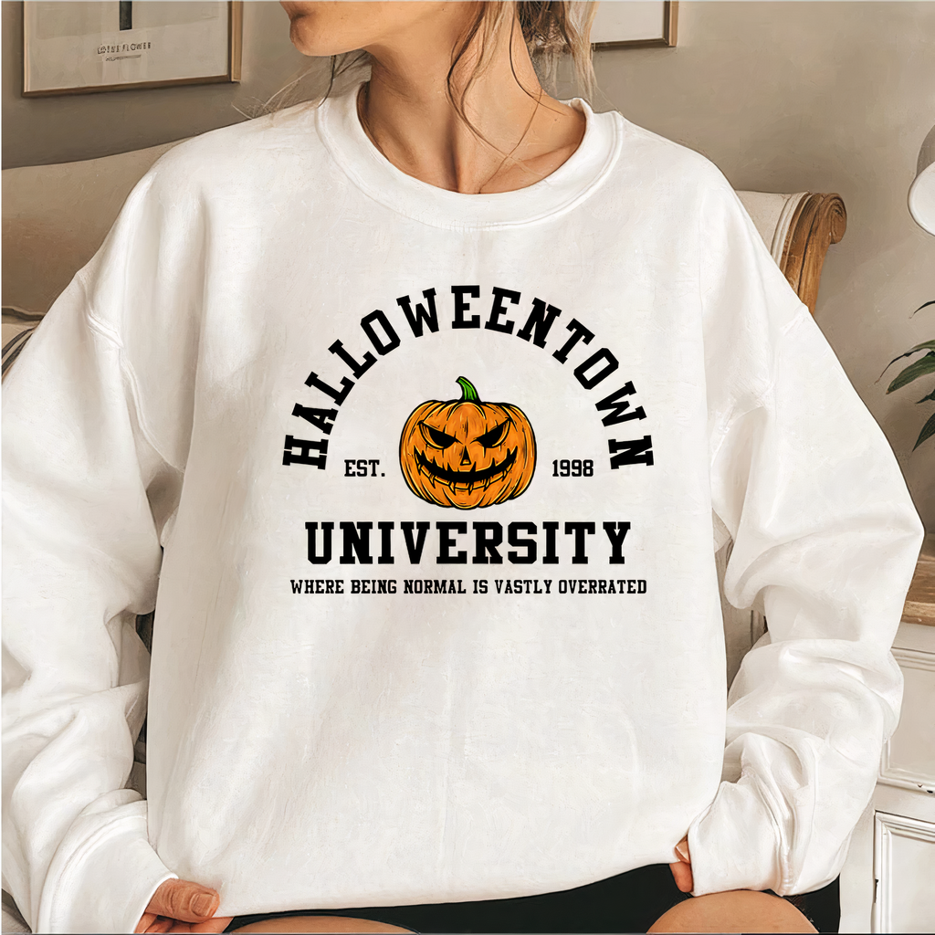 Men's Halloween Crewneck Graphic Sweatshirt with Halloweentown University Print - Image 2