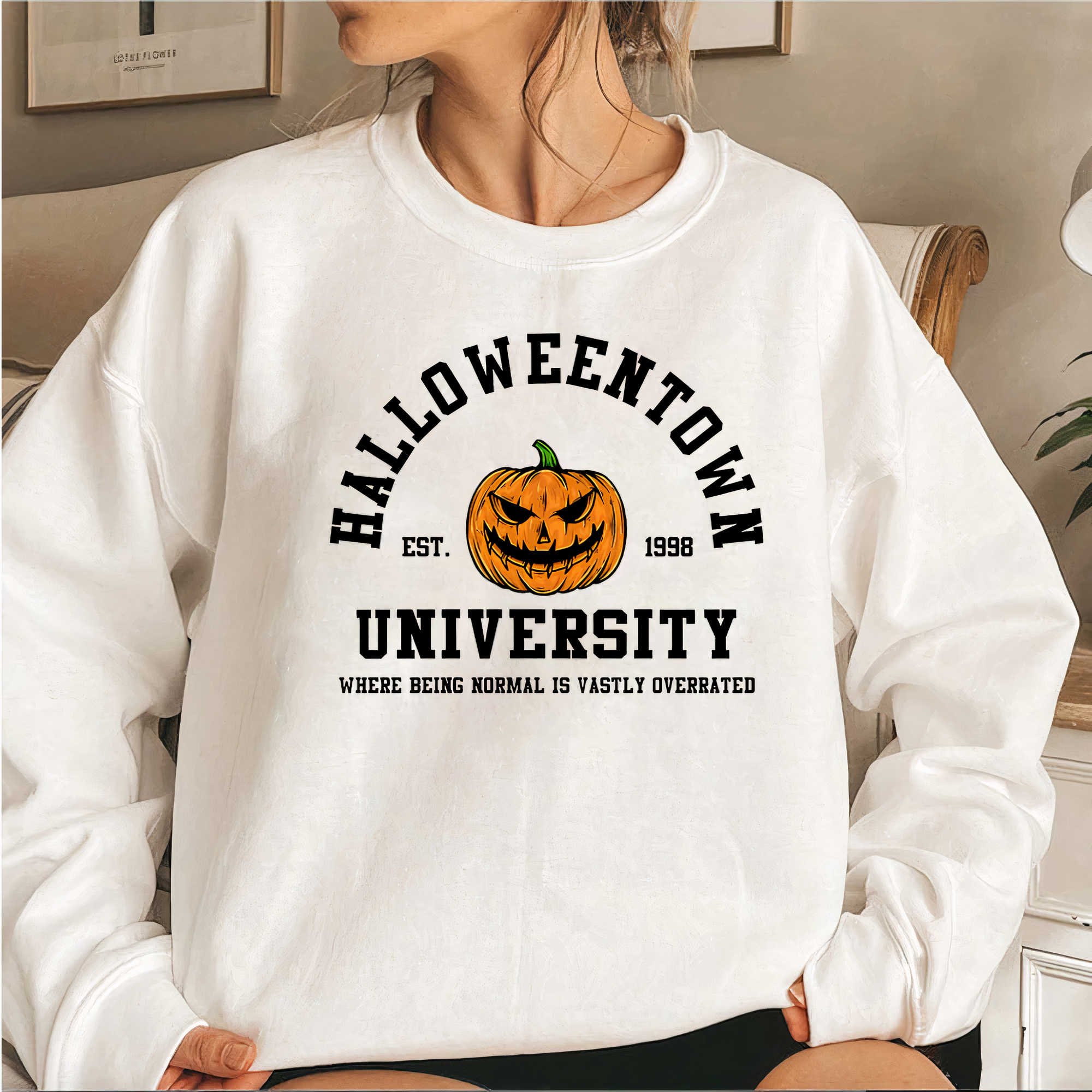 Men's Halloween Crewneck Graphic Sweatshirt with Halloweentown University Print - Image 2