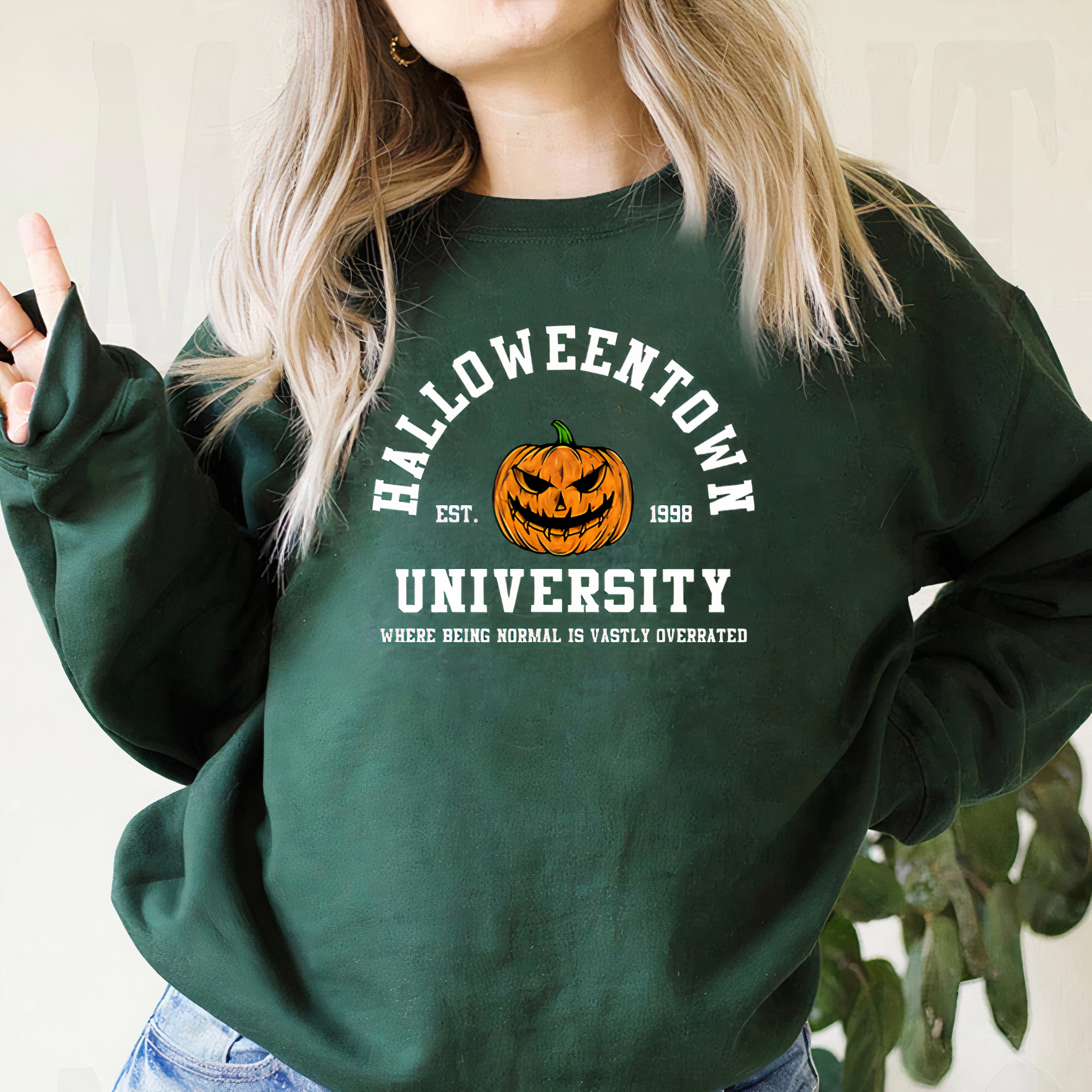 Men's Halloween Crewneck Graphic Sweatshirt with Halloweentown University Print - Image 4