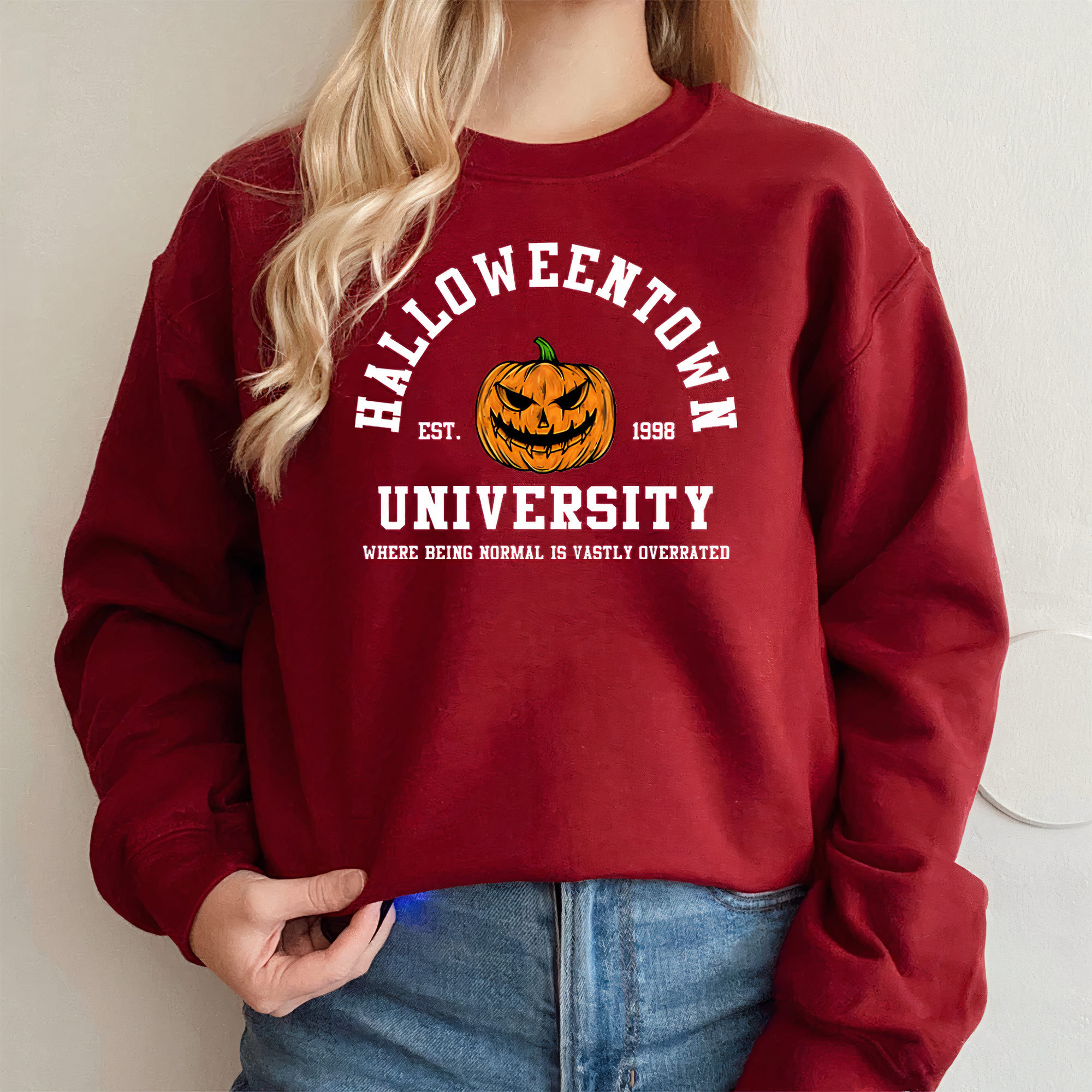 Men's Halloween Crewneck Graphic Sweatshirt with Halloweentown University Print - Image 5