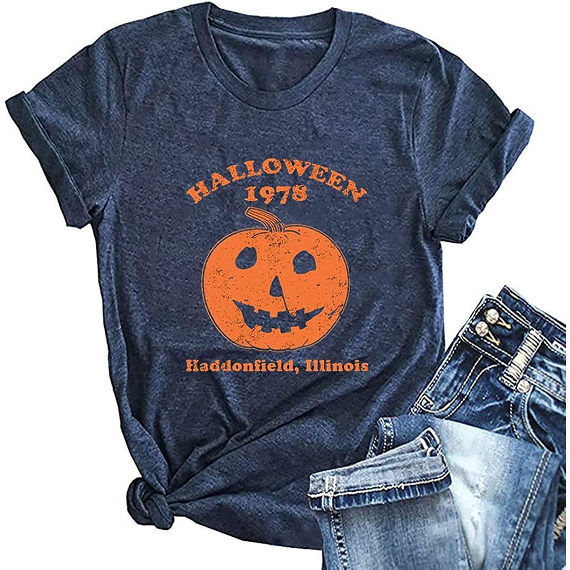 Men's Halloween Shirt with Spooky Horror Graphic Jack-O'-Lantern Distressed Print Crewneck Tee - Image 2