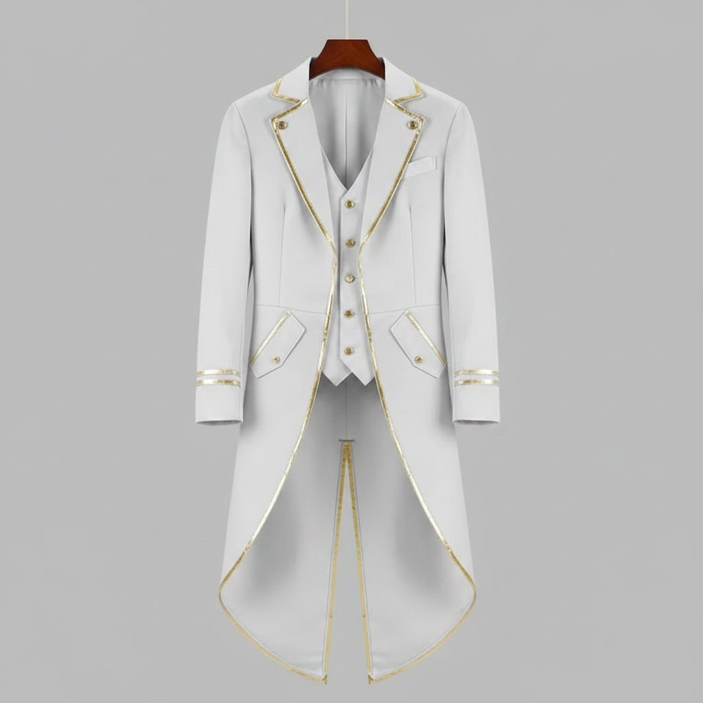 Men's Halloween Tails Jacket Tailcoat Tuxedo with Victorian Gothic Costume Design and Gold Trim - Image 1