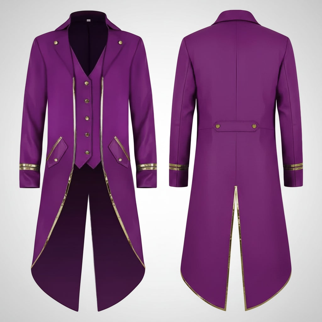 Men's Halloween Tails Jacket Tailcoat Tuxedo with Victorian Gothic Costume Design and Gold Trim - Image 3