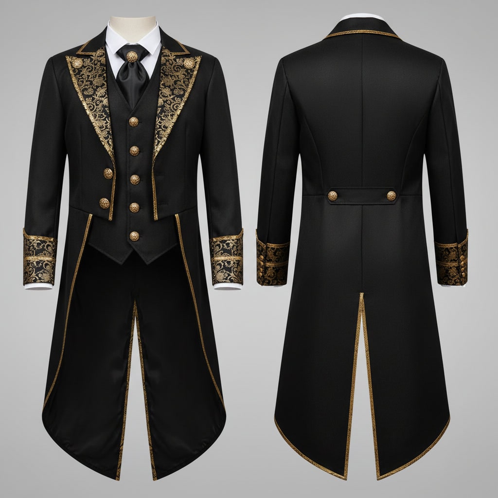 Men's Halloween Tails Jacket Tailcoat Tuxedo with Victorian Gothic Costume Design and Gold Trim - Image 5