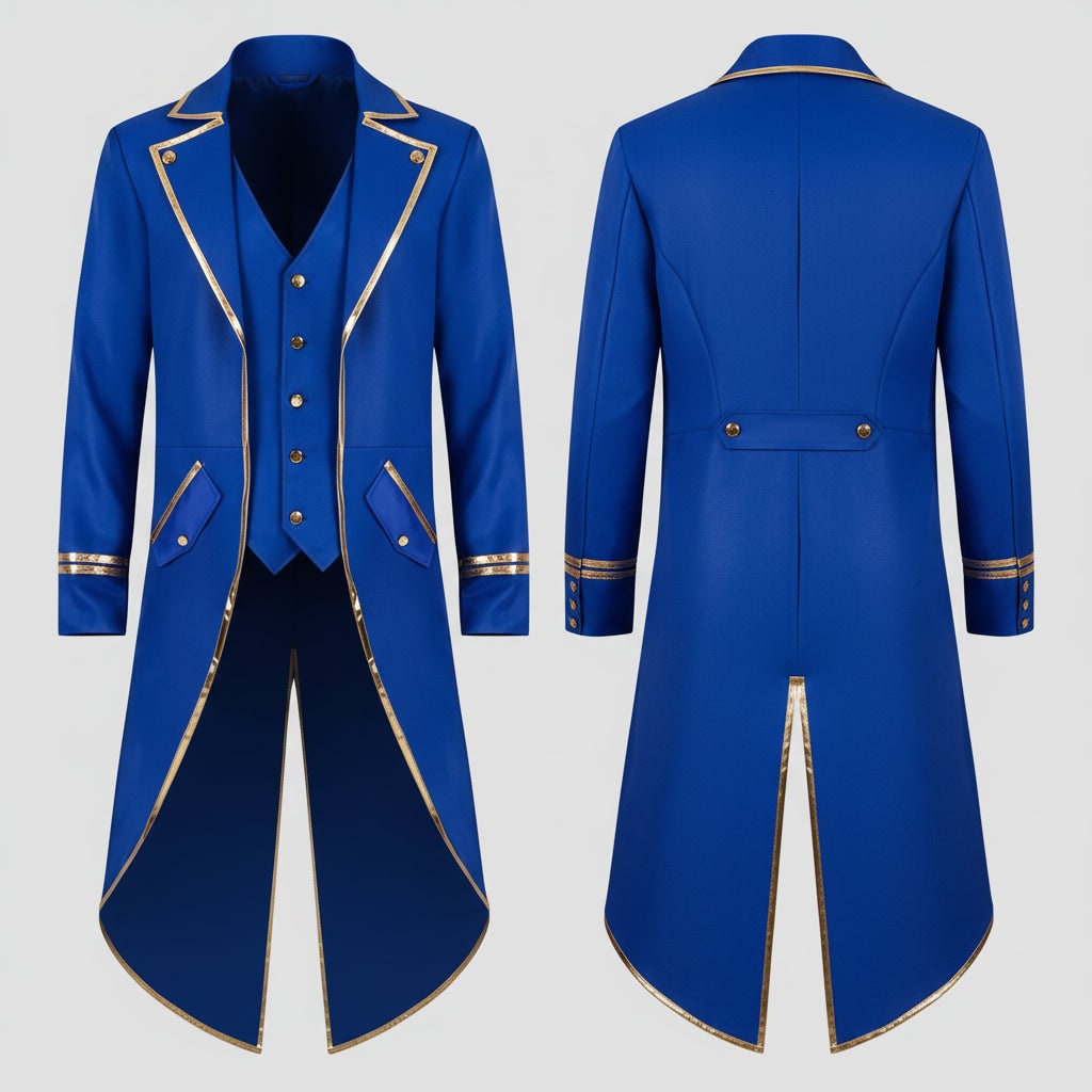 Men's Halloween Tails Jacket Tailcoat Tuxedo with Victorian Gothic Costume Design and Gold Trim - Image 6
