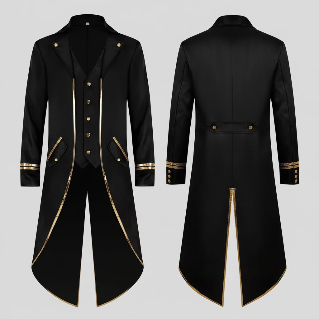 Men's Halloween Tails Jacket Tailcoat Tuxedo with Victorian Gothic Costume Design and Gold Trim - Image 8