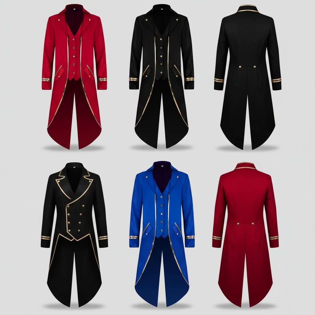 Men's Halloween Tails Jacket Tailcoat Tuxedo with Victorian Gothic Costume Design and Gold Trim - Image 9