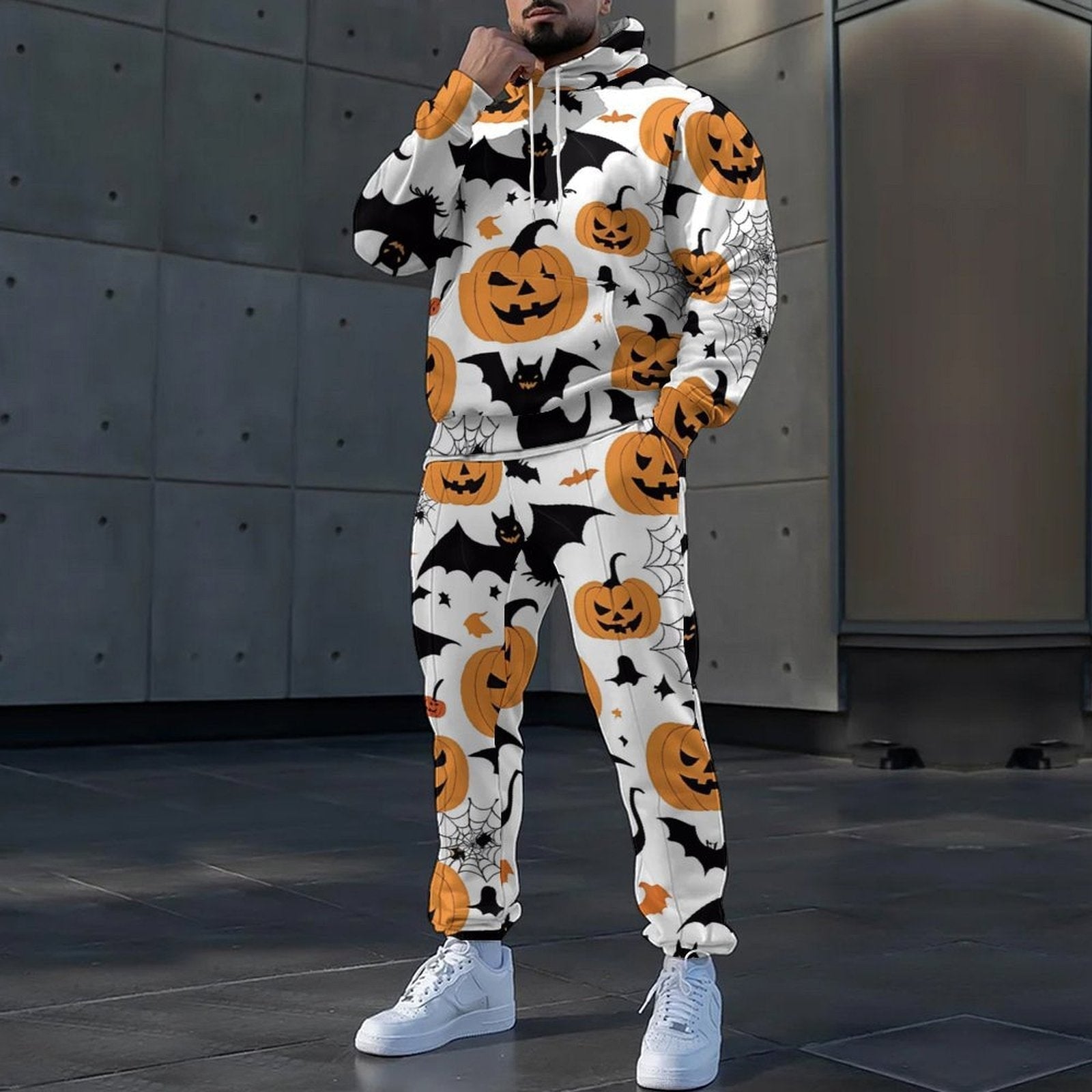 Men's Halloween Two Piece Tracksuit Set with Pumpkin Bat Hoodie and Joggers - Image 1