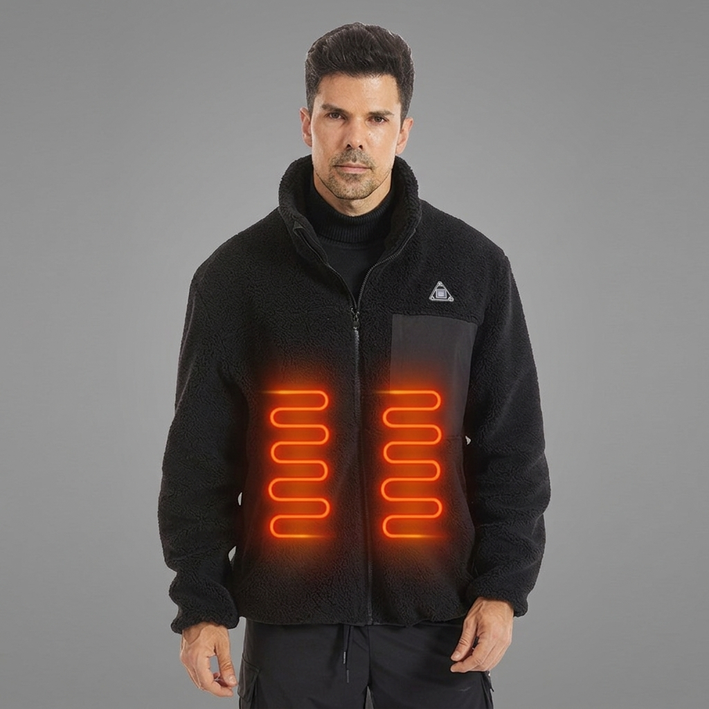Men's Heated Fleece Jacket with Stand Collar Full Zip and Sherpa Lining - Image 1
