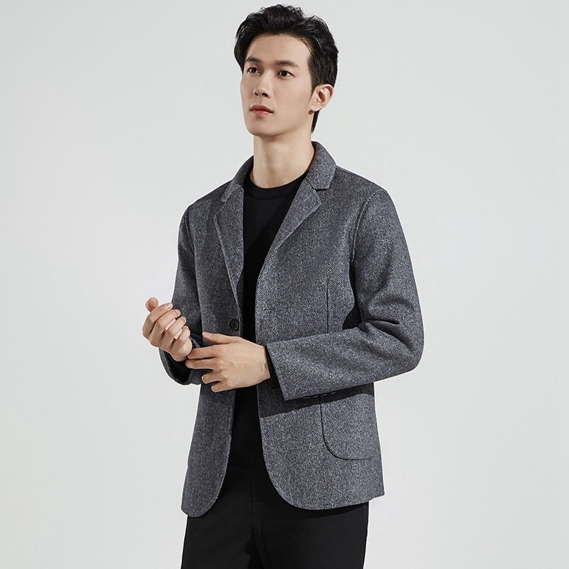 Men's Herringbone Blazer Jacket with Notched Lapel and Patch Pockets - Image 1