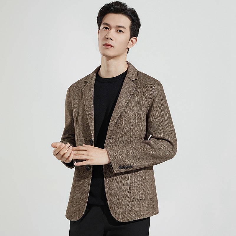 Men's Herringbone Blazer Jacket with Notched Lapel and Patch Pockets - Image 6