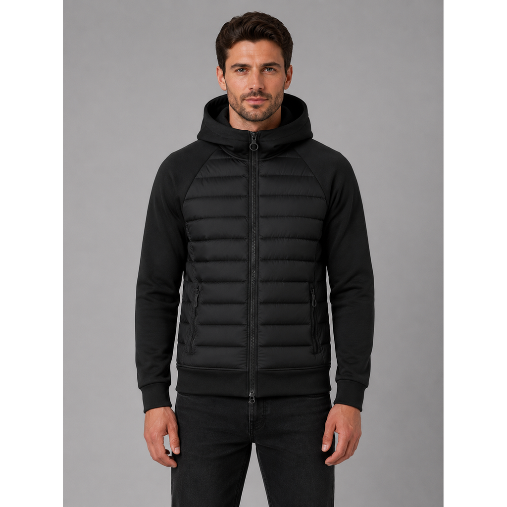 Men's Hybrid Puffer Quilted Jacket with Fleece Sleeves Hooded Full Zip - Image 1