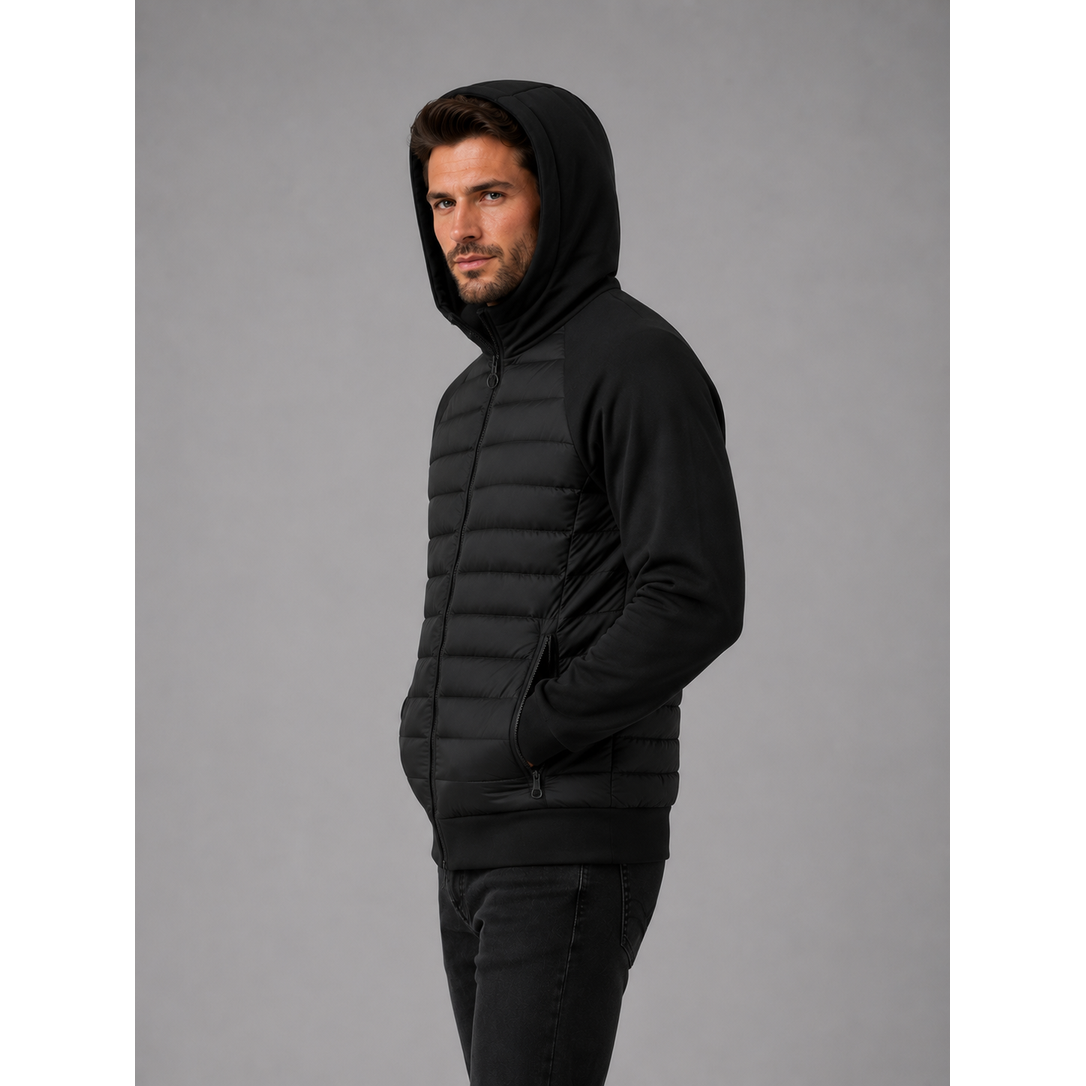 Men's Hybrid Puffer Quilted Jacket with Fleece Sleeves Hooded Full Zip - Image 3