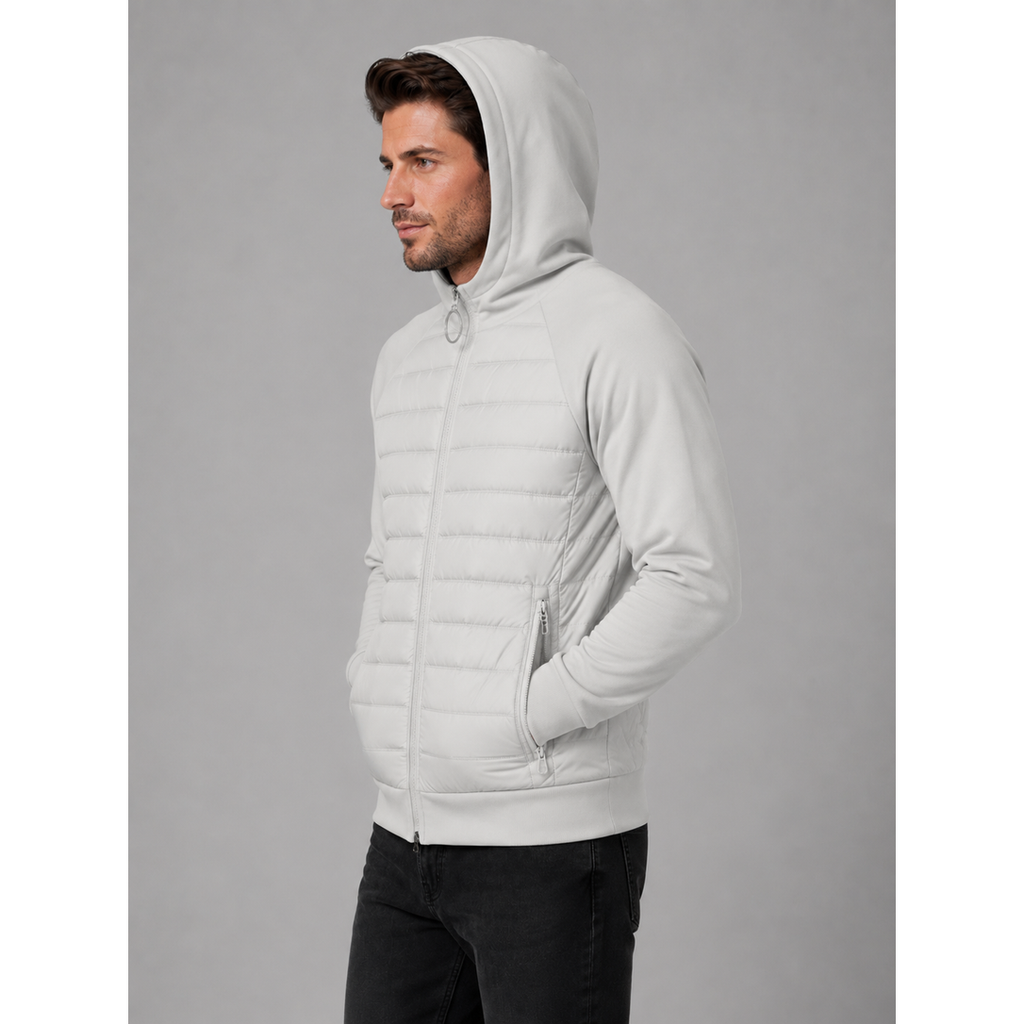 Men's Hybrid Puffer Quilted Jacket with Fleece Sleeves Hooded Full Zip - Image 6